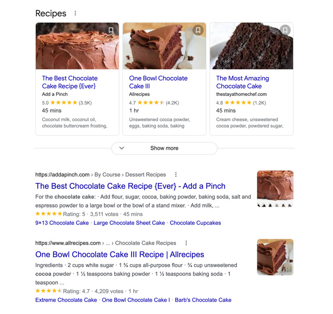 Screenshot of schema markup after a search for chocolate cake recipes