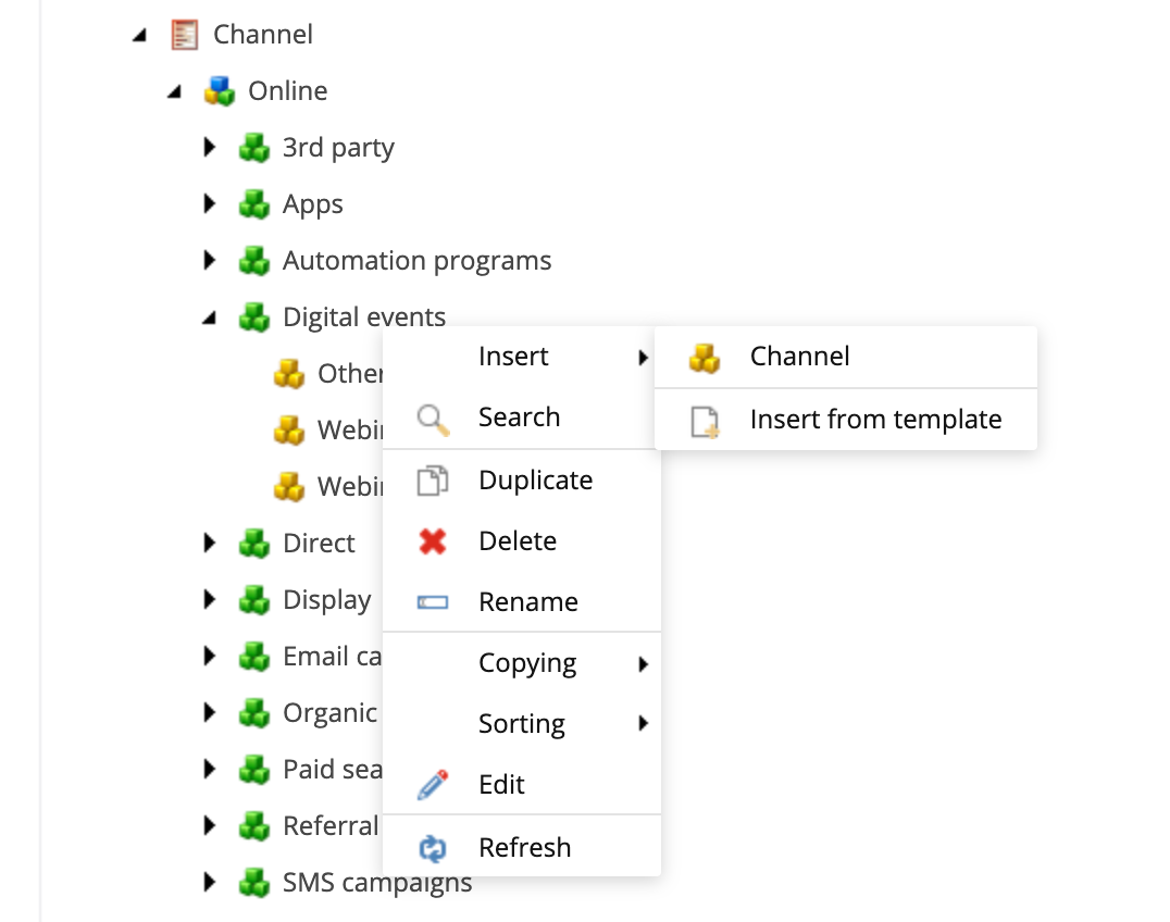 Create a new channel by right clicking on a channel group and choosing Insert Channel in the Sitecore marketing control panel