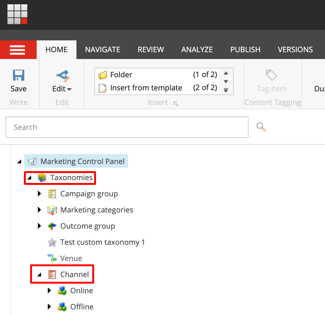 Open up taxonomies, then channels in Sitecore's marketing control panel