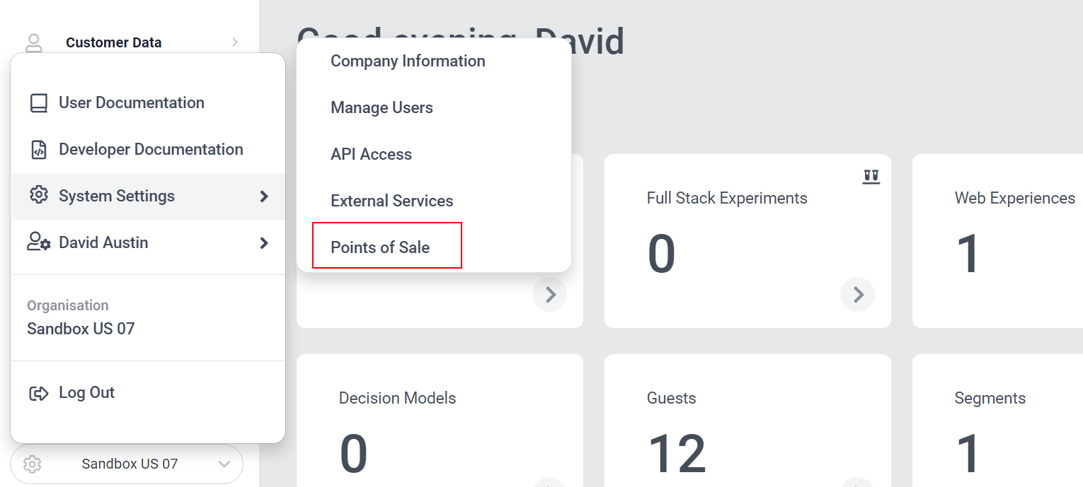 Locate Point of Sale under Settings for Sitecore CDP Setup