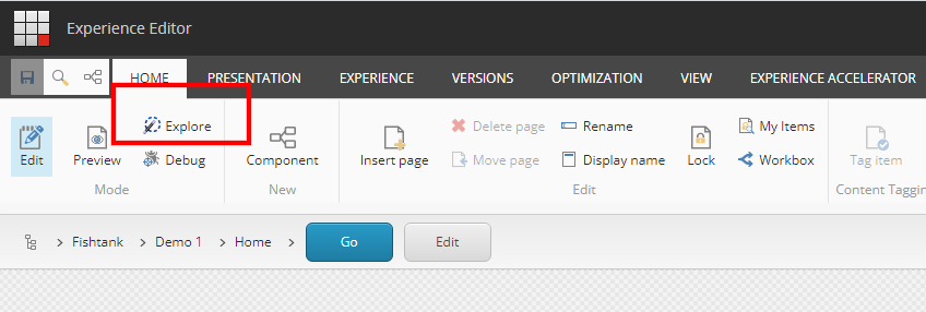 Select Explore in Sitecore Experience Editor 