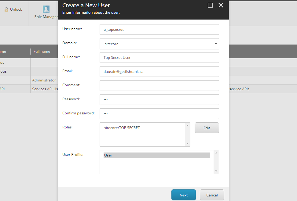 Creating a new user preset in Sitecore