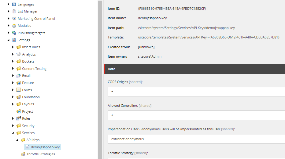 In Sitecore Content Editor create a new API Key