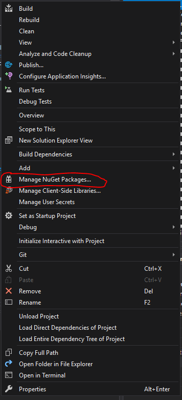 Screenshot of the 'Manage NuGet Packages' option in Visual Studio