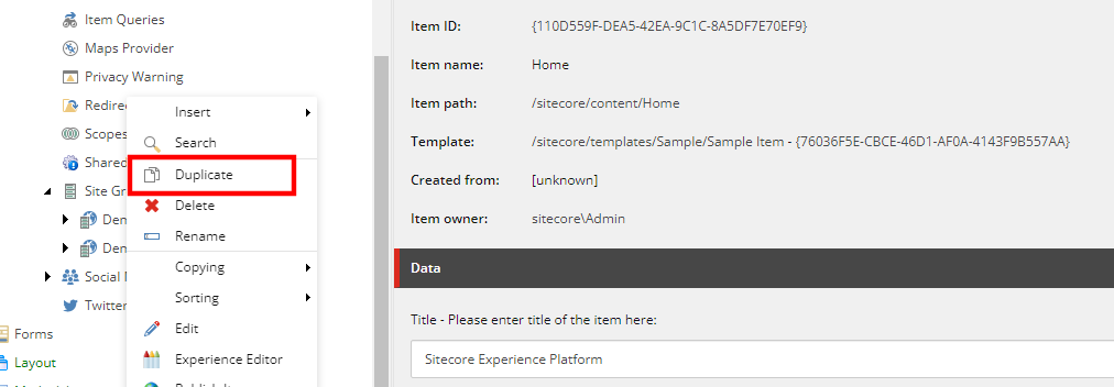 Screenshot of duplicating the Site Definition in Sitecore SXA