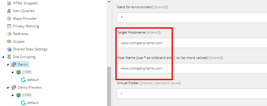 Screenshot of updating the Target Hostname and Host Name in Sitecore SXA