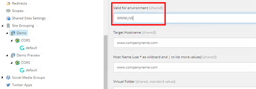 Screenshot of the Valid For Environment field in Sitecore SXA