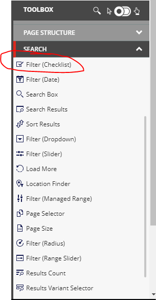 Drag the Filter (Checklist) onto the page and select Data Source in Sitecore SXA