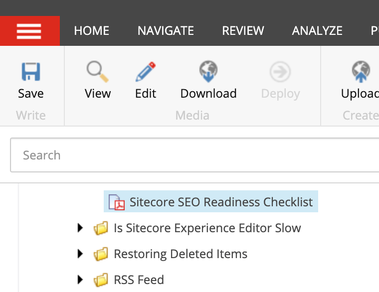 Select a file in the Sitecore media library content tree.