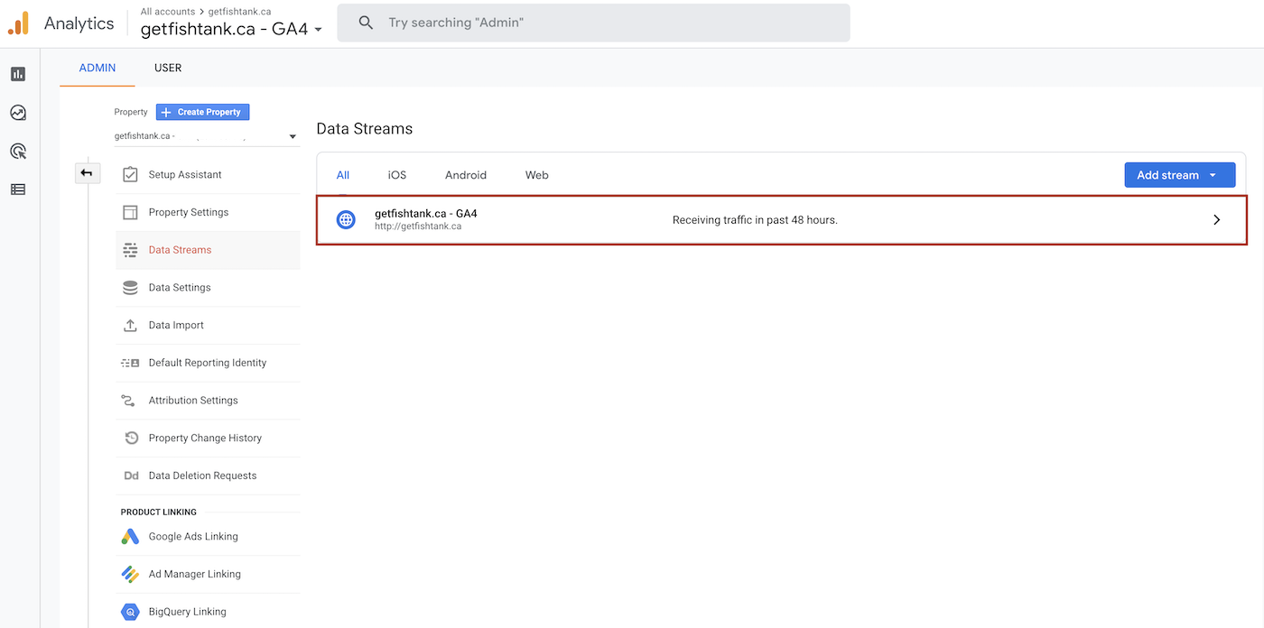 Data stream in Google Analytics 4 to find a measurement ID for Google Tag Manager