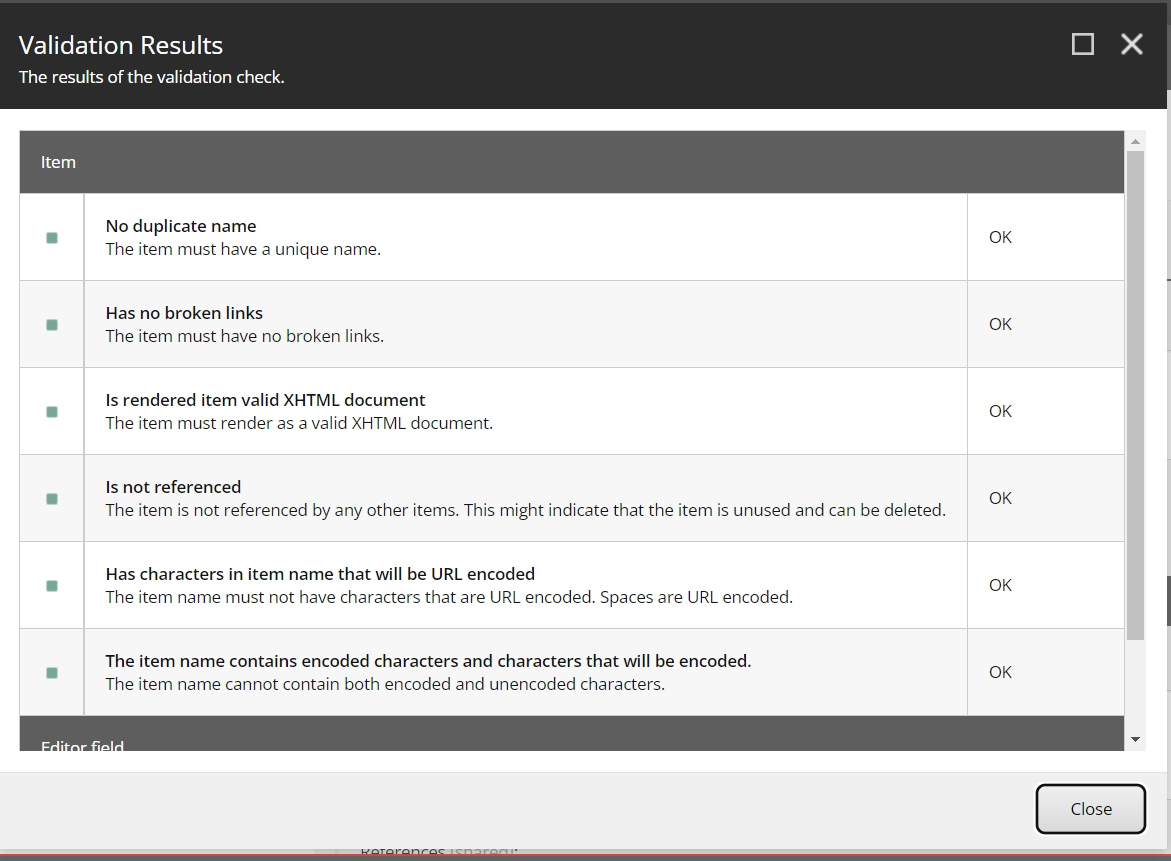 Screenshot of the validation results in Sitecore