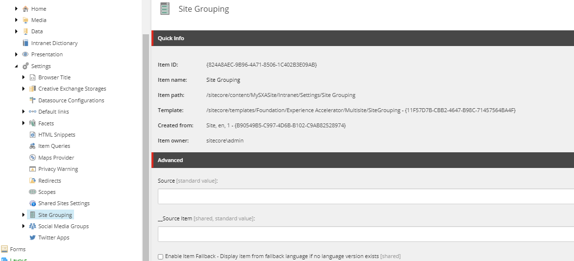 A screenshot of the Settings option in content editor in Sitecore SXA for Site Groupings