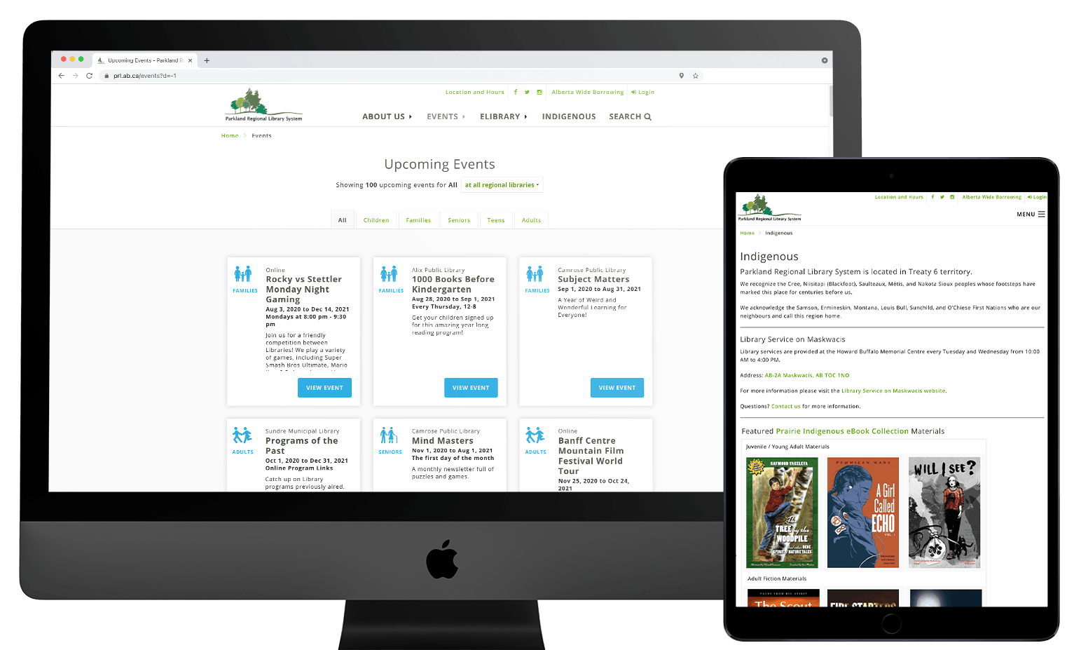 Screenshots of the Parkland Alberta Regional Library website on multiple devices