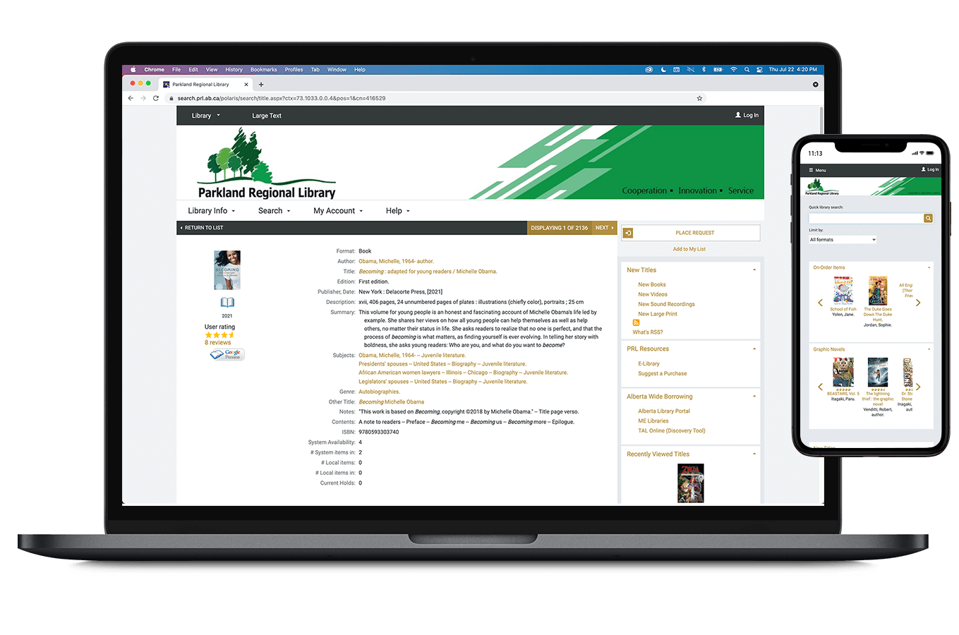 Screenshots of the Parkland Alberta Regional Library website on multiple devices