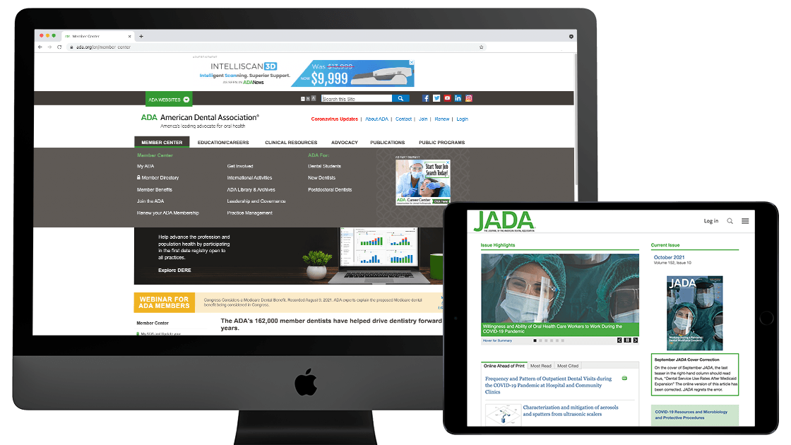 Screenshots of the American Dental Association website