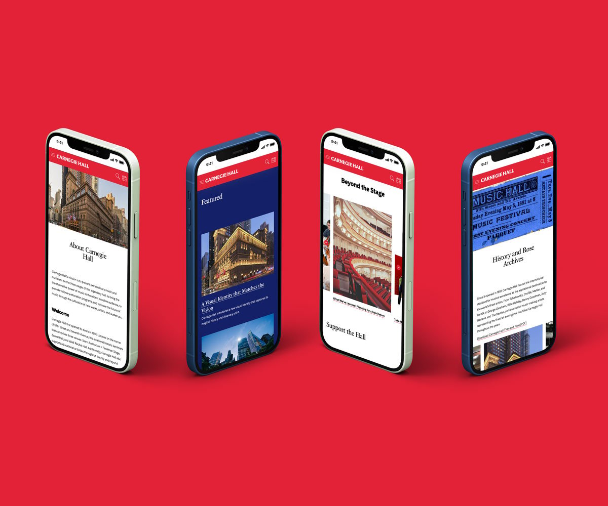 Multiple screenshots of the Carnegie Hall website on iPhone 12s