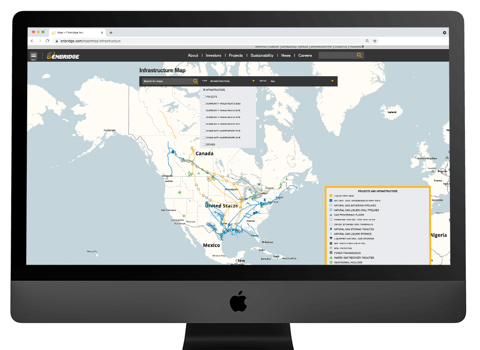 Screenshot of the Enbridge.com map page on an iMac mockup