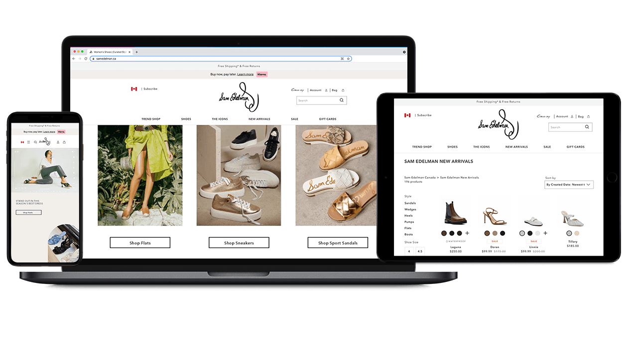 Screenshots of the Sam Edelman website on multiple devices