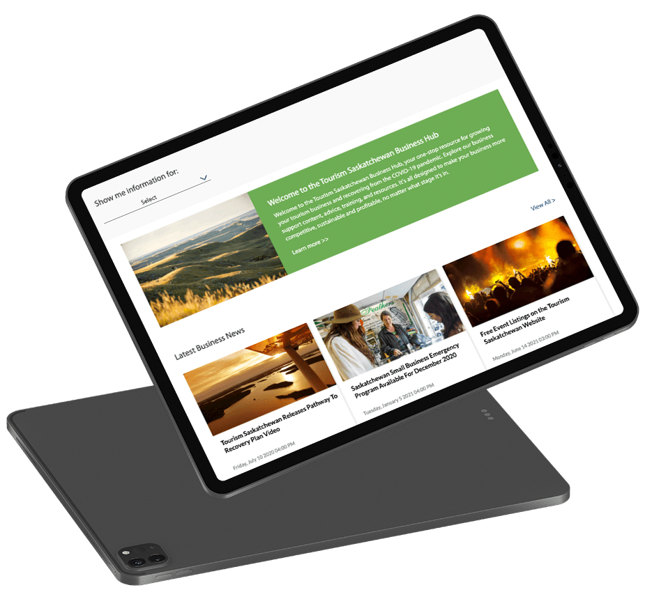 Tourism Saskatchewan Business Hub homepage mockup on iPad