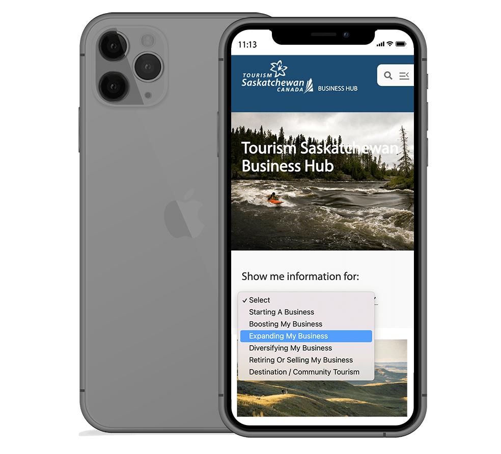 Tourism Saskatchewan Business Hub mockup on an iPhone