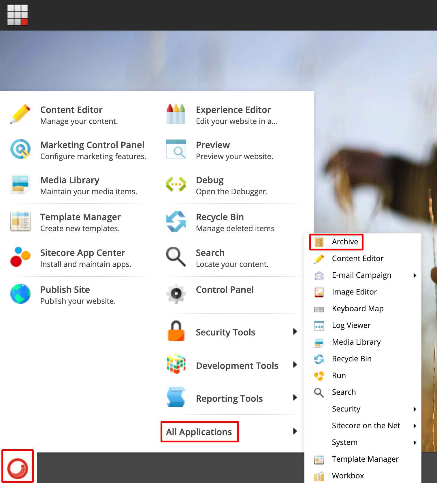 All applications and archive Sitecore master view