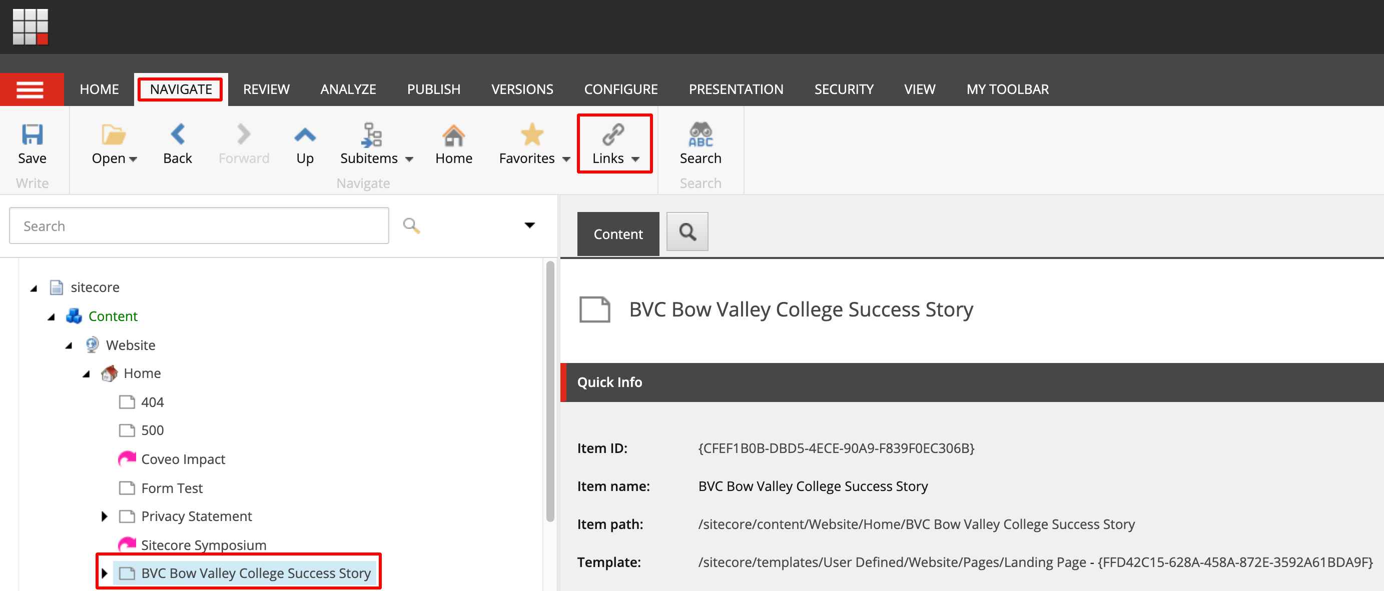 Screenshot of where to find Sitecore links in the top navigation ribbon