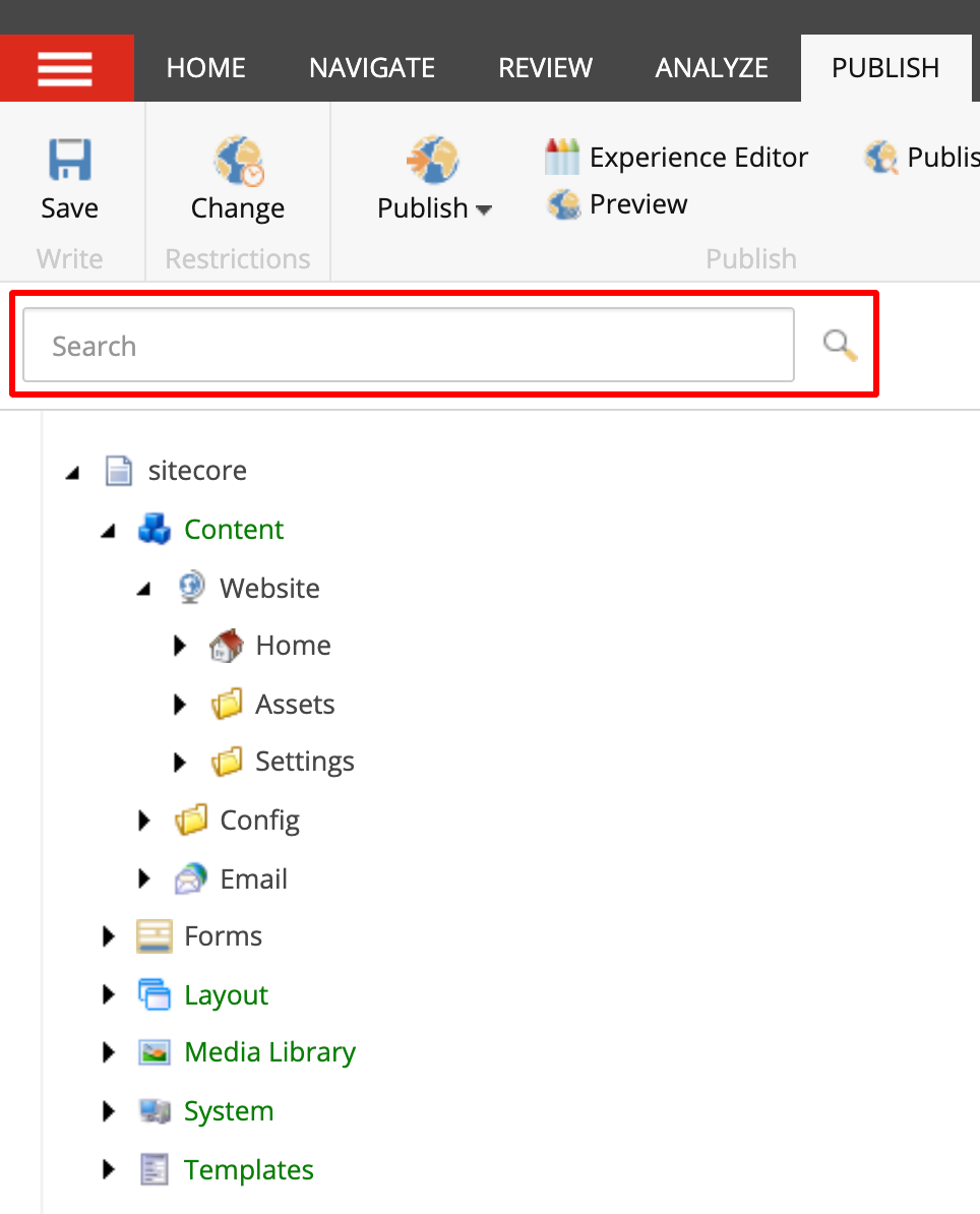 Sitecore content editor search bar screenshot
