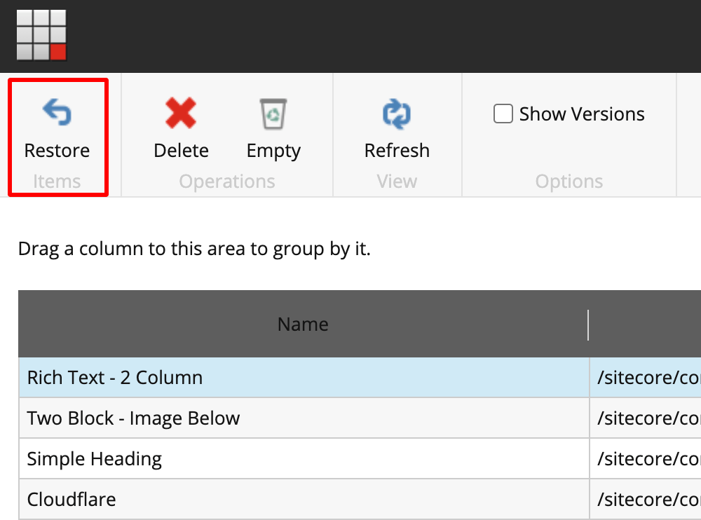 Sitecore restore item screenshot